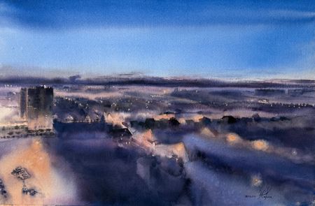 Жанна Губина (Авторская графика - 
                  56 x 36 см) Город в тумане