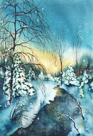 Алла Валежина (Авторская графика - 
                  38 x 56 см) Закат в лесу