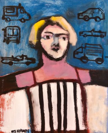 Лера Олейникова (Авторская графика - 
                  45 x 55 см) Портрет-маска. Машинки