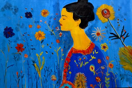 Ольга Чужакова (Картина, живопись - 
                  60 x 40 см) Девушка на голубом фоне в цветах