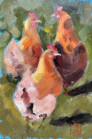 Анна Рудько (Картина, живопись - 
                  20 x 30 см) Garden Gossip Hens in the Yard