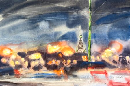 Юлия Третьякова (Авторская графика - 
                  56 x 38 см) Вид на Марсово поле и Спас на крови