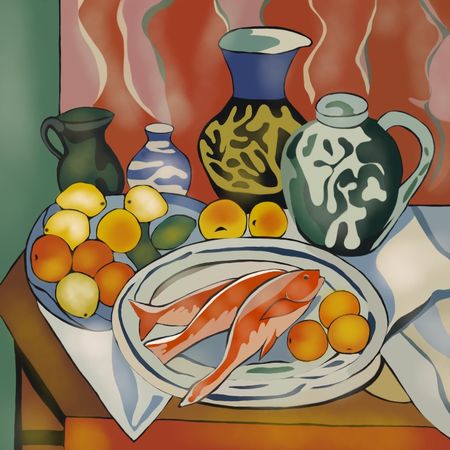 Нина Цориева (Картина, живопись - 
                  70 x 70 см) Натюрморт с рыбой