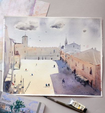 Дарья Парий (Авторская графика - 
                  37.5 x 30.2 см) Пьяцца-дель-Пополо, Тоди, Италия