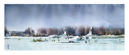 Александр Кормилицын (Авторская графика - 
                  51.5 x 20.5 см) Ан-24. Крылья северного неба