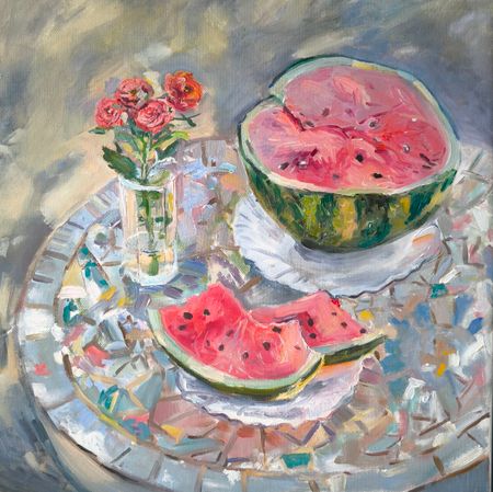 Галина Третьякова (Картина, живопись - 
                  40 x 40 см) Арбуз и розы