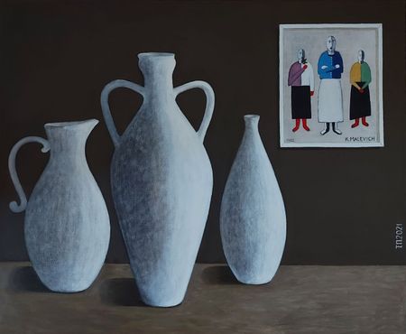 Татьяна Попова (Картина, живопись - 
                  60 x 50 см) Три девушки и Малевич