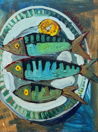 Анна Голубь (Картина, живопись - 
                  30 x 40 см) Рыбы на белой тарелке