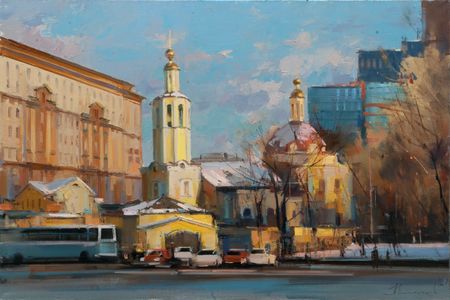 Алексей Шалаев (Картина, живопись - 
                  60 x 40 см) В тисках мирской суеты. Церковь всех Святых во Всехсвятском на Соколе.