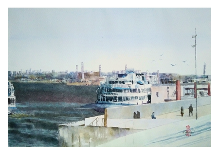 Александр Кормилицын (Авторская графика - 
                  42 x 30 см) Причал на Каме. Пробуждение