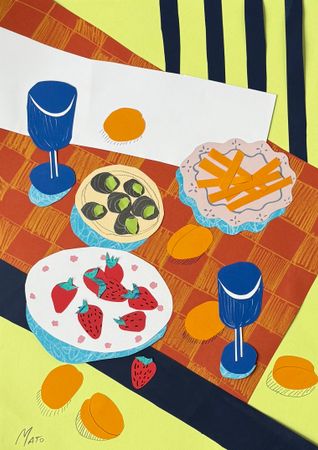 Александра Мато (Коллаж / ассамбляж - 
                  50 x 70 см) Пикник с абрикосами
