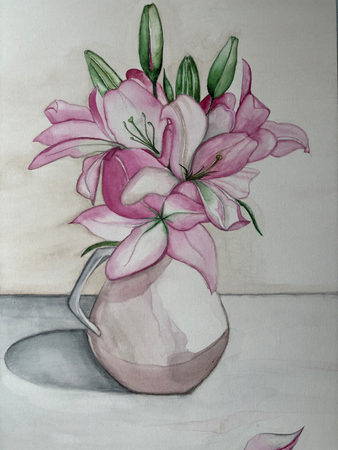 Елена Королева (Авторская графика - 
                  40 x 60 см) Натюрморт с розовыми цветами