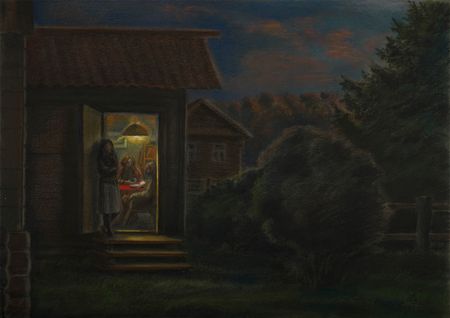 Александра Ларионова (Авторская графика - 
                  59.5 x 42 см) На крыльце. Вечер