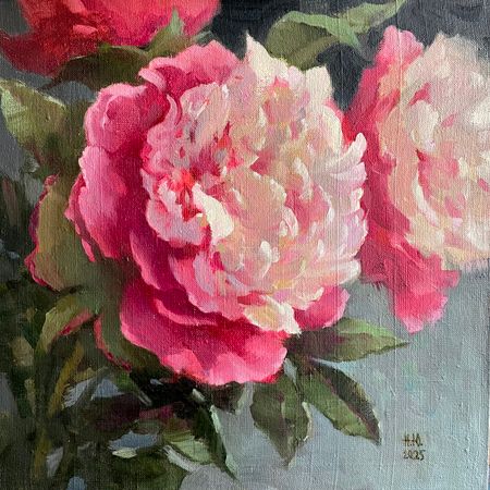 Юлия Непокрытая (Картина, живопись - 
                  40 x 40 см) Пион на сером