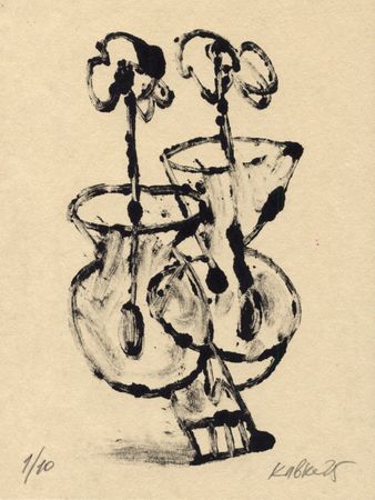 Дмитрий Кавка (Графика печатная - 
                  16 x 21 см) Натюрморт с двумя вазами, цветами и черепом (№1/10)