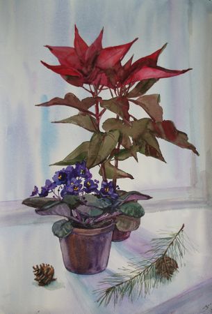 Елена Санина (Авторская графика - 
                  38 x 56 см) Декабрьский натюрморт