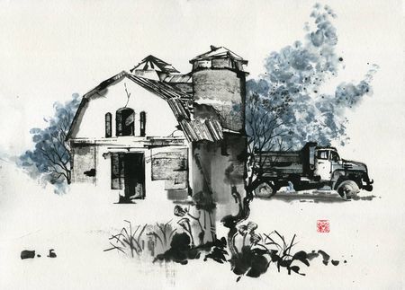 Ольга Безлепкина (Авторская графика - 
                  69 x 49 см) Заброшенное зернохранилище