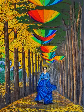 Анастасия Нестерова (Авторская графика - 
                  46 x 61 см) Прогулка в парке Острова Намисом. Корея