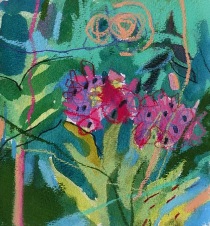 Олег Агафонов (Авторская графика - 
                  17.5 x 18.5 см) Город-сад (утопии) — Розовые на изумрудном