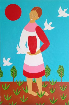 Саша Катинаускиене (Картина, живопись - 
                  40 x 60 см) Девушка, красный кувшин и белые птицы