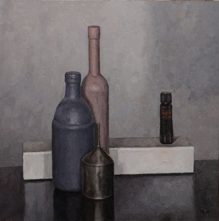 Павел Петров (Картина, живопись - 
                  60 x 60 см) Натюрморт с тремя бутылками и воронкой