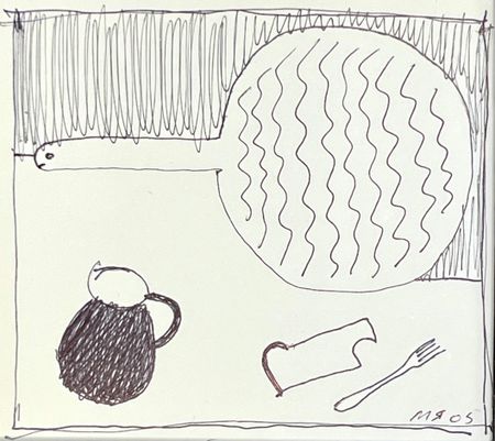 Марсель Ялалов (Авторская графика - 
                  22 x 22 см) Прилипшие макароны