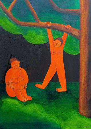 Саша Катинаускиене (Авторская графика - 
                  21 x 29.7 см) Оранжевая пара под деревом
