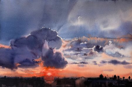 Жанна Губина (Авторская графика - 
                  57 x 37 см) Закат над городом