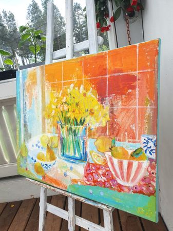 Валентина Гайчук (Картина, живопись - 
                  60 x 80 см) Натюрморт с нарциссами и грушами