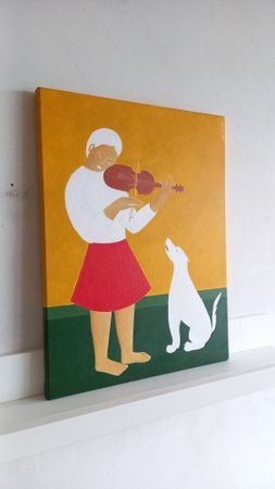 Саша Катинаускиене (Картина, живопись - 
                  30 x 40 см) Девушка со скрипкой и белый пёс