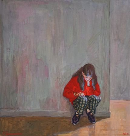 Алексей Щемелинский (Авторская графика - 
                  62 x 65 см) Девочка с айфоном