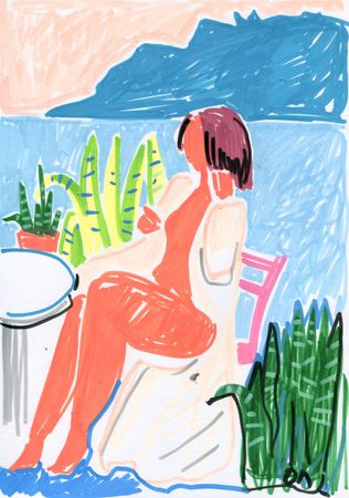 Олеся Лишаева (Авторская графика - 
                  21 x 30 см) На балконе