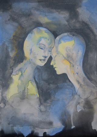 Елизавета Журавлева (Авторская графика - 
                  29 x 40 см) Ранимость. Портрет. Двое на серо-голубом фоне