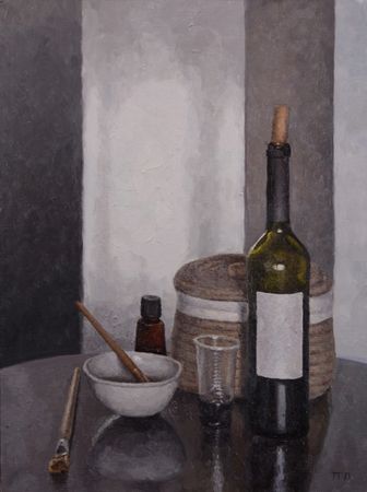 Павел Петров (Картина, живопись - 
                  45 x 60 см) Натюрморт с бутылками и кистями