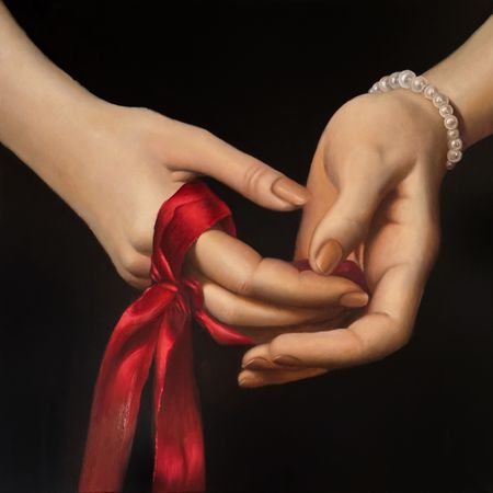 Арина Коржикова (Картина, живопись - 
                  60 x 60 см) Руки с красной лентой