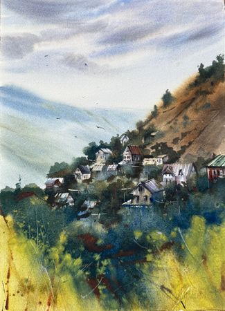 Жанна Губина (Авторская графика - 
                  28 x 38 см) Домики в горах. Кисловодск