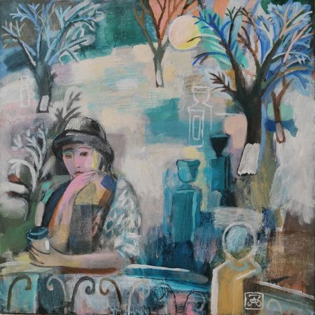 Зарина Абисалова (Картина, живопись - 
                  100 x 100 см) В раздумьях
