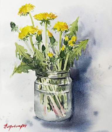 Ирина Петровская (Авторская графика - 
                  25.5 x 30 см) Банка с одуванчиками