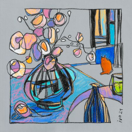 Татьяна Ивченкова (Авторская графика - 
                  32 x 32 см) Натюрморт с рыжим котом