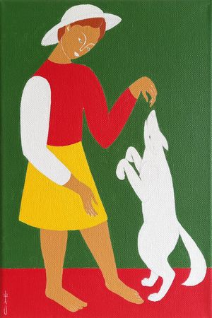 Саша Катинаускиене (Картина, живопись - 
                  20 x 30 см) С белой собакой