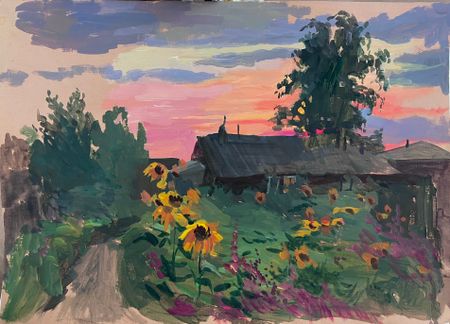 Анна Образцова (Авторская графика - 
                  35 x 25 см) Вечер в деревне