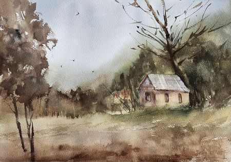 Светлана Юматова (Авторская графика - 
                  33 x 23 см) Горная деревня в пасмурный день