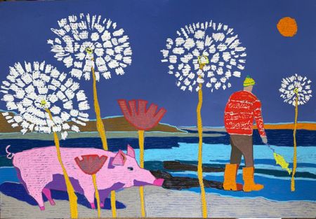 Саша Робинсон (Авторская графика - 
                  100 x 70 см) Пейзаж с рыбаком и одуванчиками