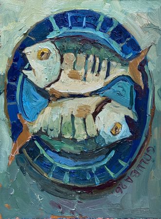 Анна Голубь (Картина, живопись - 
                  30 x 40 см) Рыбы на синей тарелке