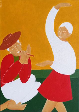 Саша Катинаускиене (Картина, живопись - 
                  25 x 35 см) Пастух играет, девушка танцует