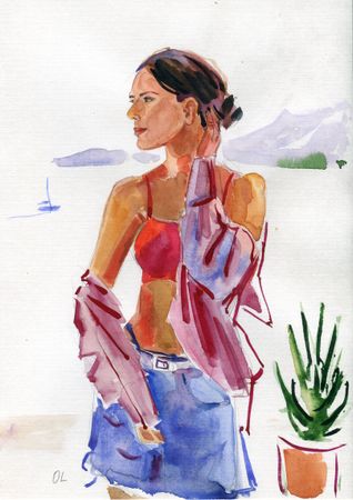 Олеся Лишаева (Авторская графика - 
                  21 x 29 см) Девушка и яхта