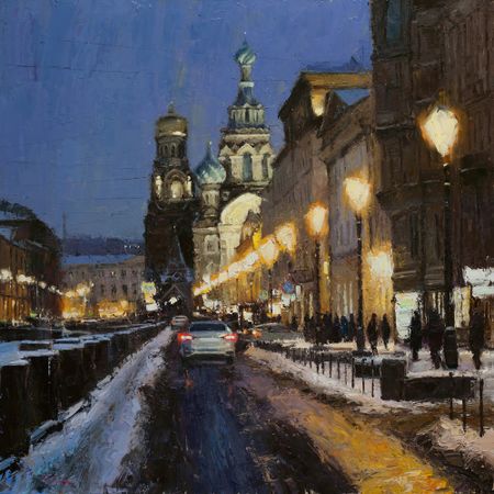 Евгений Бурцев (Картина, живопись - 
                  100 x 100 см) Вечерние огни у Храма Спаса на Крови