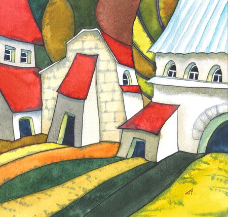 Александра Ларионова (Авторская графика - 
                  18 x 18 см) Домики в долине