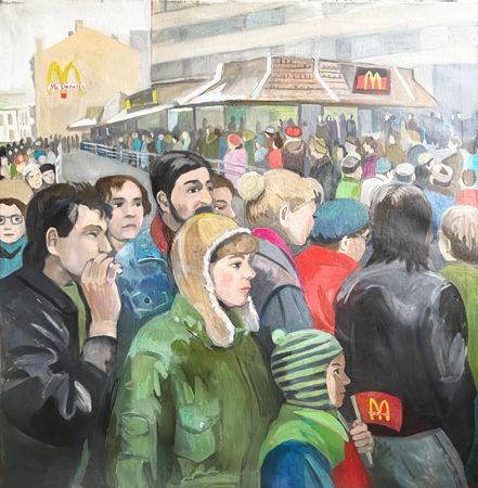 Мария Буртова (Картина, живопись - 
                  100 x 100 см) Очередь в Мак Дональдс
