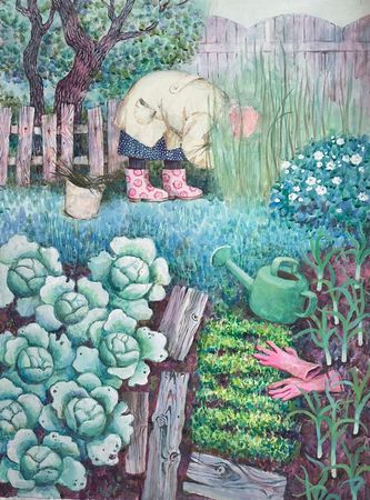 Анастасия Крушельницкая (Авторская графика - 
                  45 x 60 см) Бабушка в саду